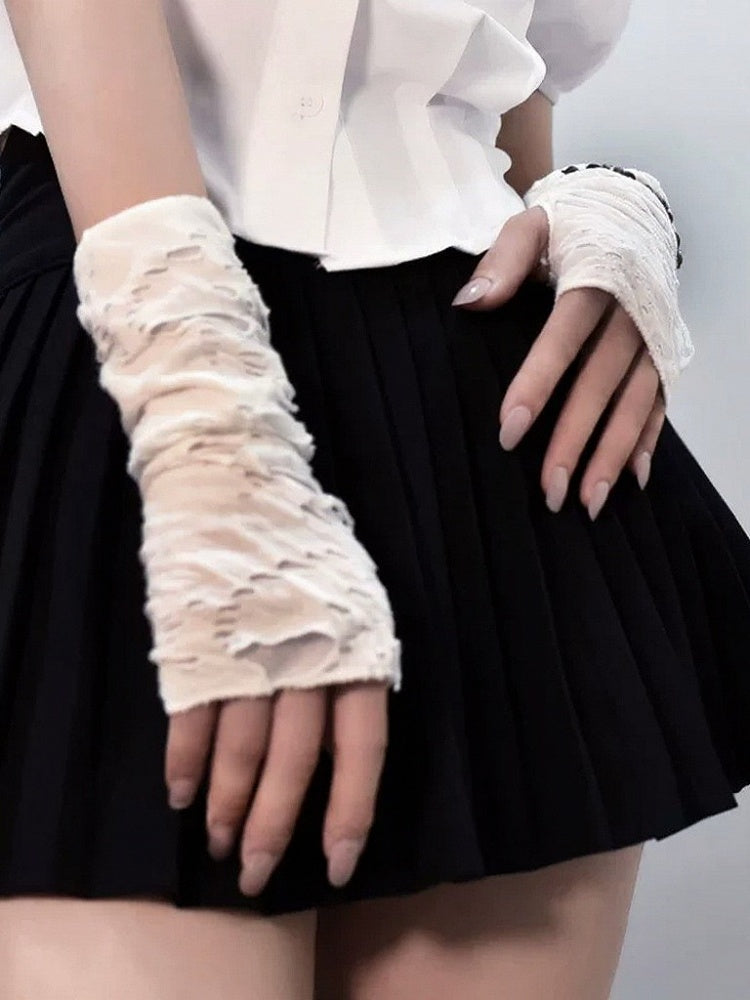 White Fingerless Gloves with Distressed Holes Design - Mr. Cat