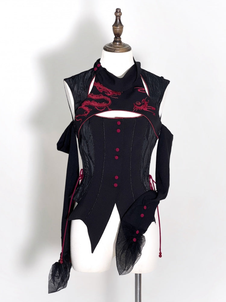 Black Gothic Dragon Embroidery Sleeveless Top Cutout Detail