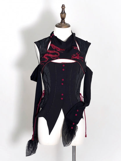 Black Gothic Dragon Embroidery Sleeveless Top Cutout Detail