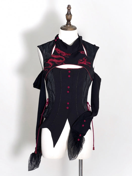 Black Gothic Dragon Embroidery Sleeveless Top Cutout Detail