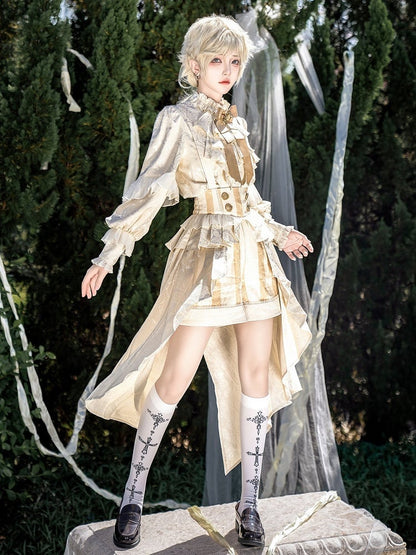 Prince Outfit Champagne Striped Shirt Ruffle Overall Long + Ouji Shorts Lolita Pattern Neckline Sleeves