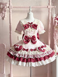 Red & Pink Puff-Sleeve Layered OP Sweet Lolita Dress with Bowknots & Heart Accents - Sweet Crystal