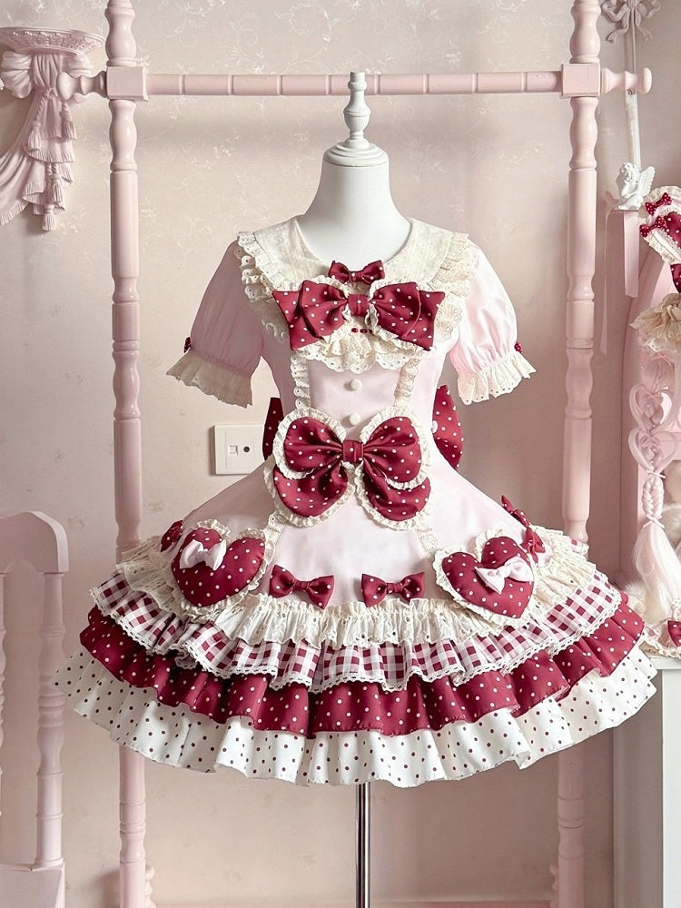 Red & Pink Puff-Sleeve Layered OP Sweet Lolita Dress with Bowknots & Heart Accents - Sweet Crystal