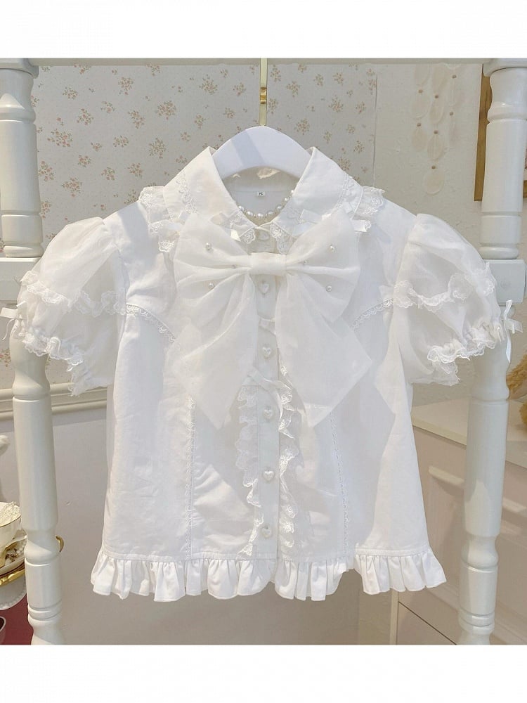 Chemisier bouffant Lolita blanc avec nœud de perles - Lan Jian Chuan