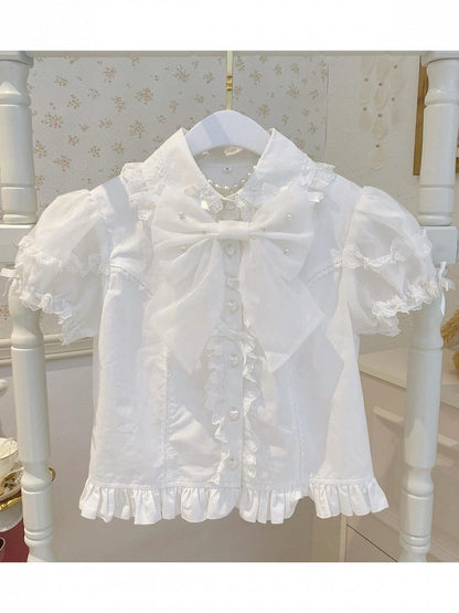 Chemisier bouffant Lolita blanc avec nœud de perles - Lan Jian Chuan