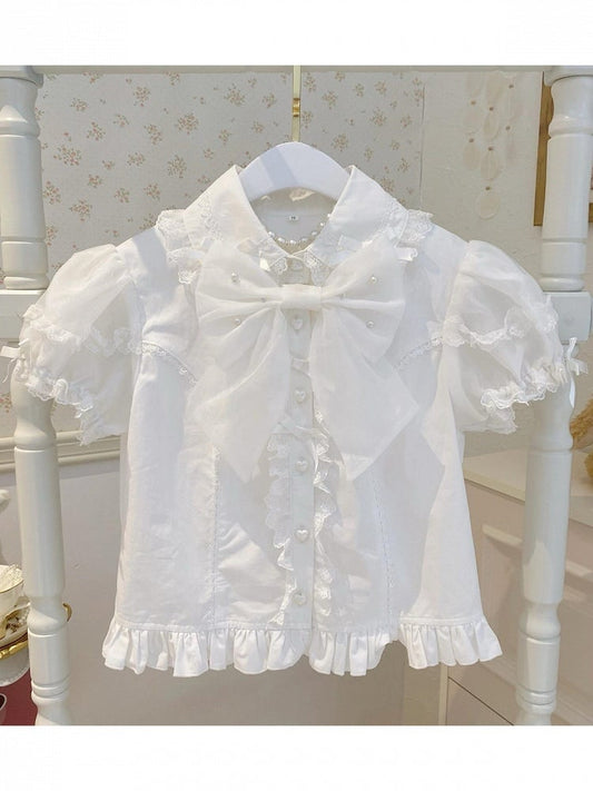 Chemisier bouffant Lolita blanc avec nœud de perles - Lan Jian Chuan
