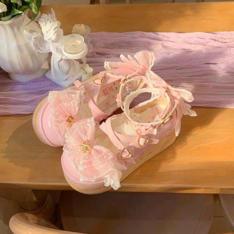 Sakura Pink Removable Bow Train and Bead Chain Hanayome Lolita Platform Shoes