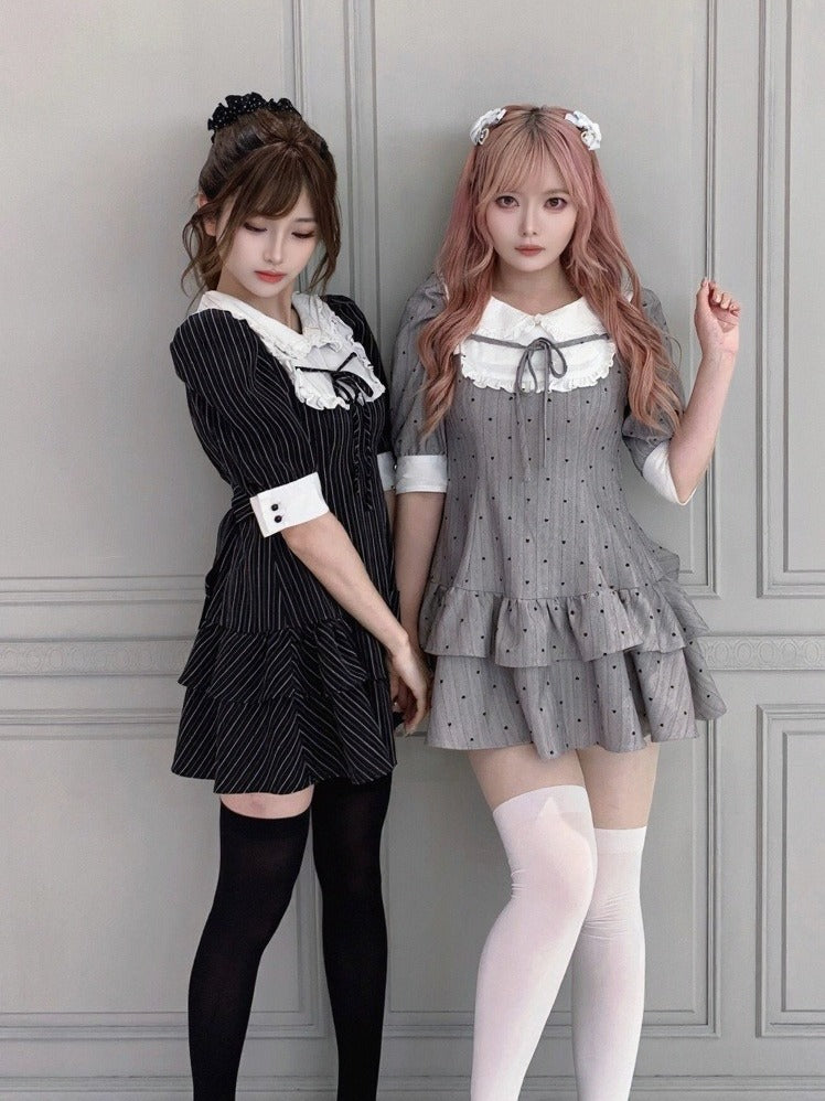 Gray Heart-Printed Peter Pan Collar Ruffled Short Sleeve Dress - Smyster