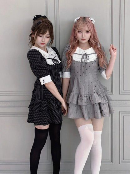 Gray Heart-Printed Peter Pan Collar Ruffled Short Sleeve Dress - Smyster