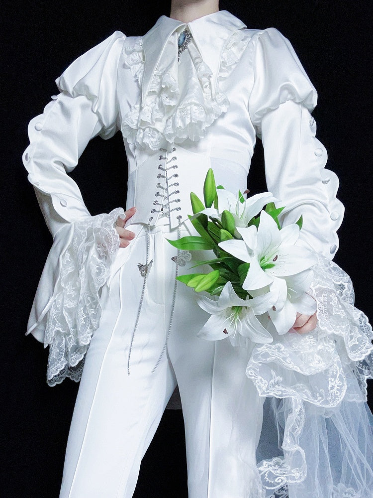 White Pointed Foldover Collar Ouji Gothic Lolita Long Sleeves Tail Shirt