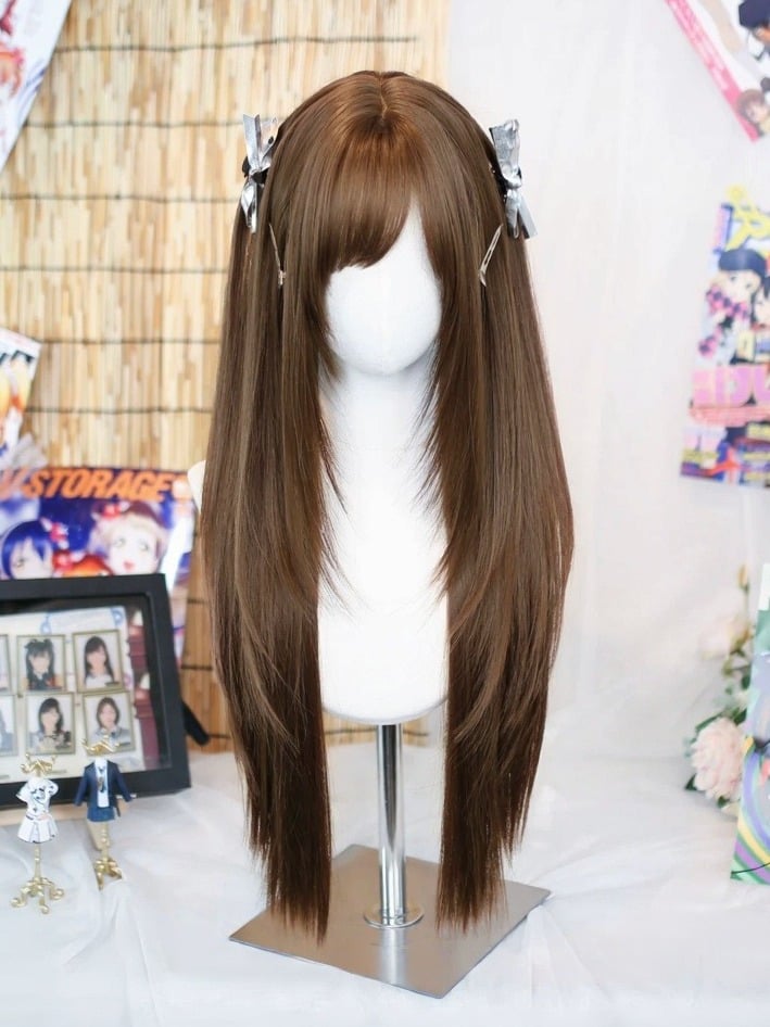 Brown 70cm Straight Wig Side-Swept Bangs - Dalao Home