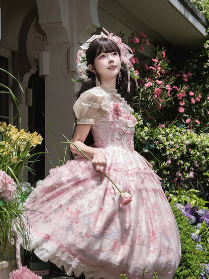 Pink Deer & Floral Print Flutter Sleeves Sweet Lolita JSK Dress with Overlay - Honey Machine