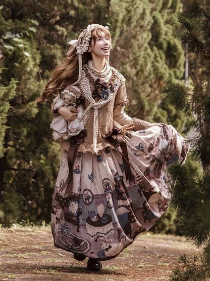 Trimmed Brown Lace Sweet Skirt Sheep's Print Home Lolita