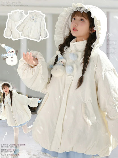 Cute Snowman Adorned White Hooded Puffer Down Jacket Bubble Silhouette