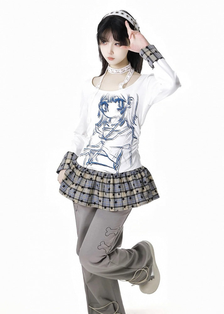 Design Top Round Neck Anime Girl Print Star White/Red Plaid Patchwork Pattern