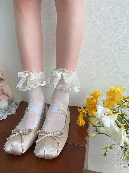 Ruffle Bow Breathable Black/White/Apricot Lolita Socks Mesh Decorated