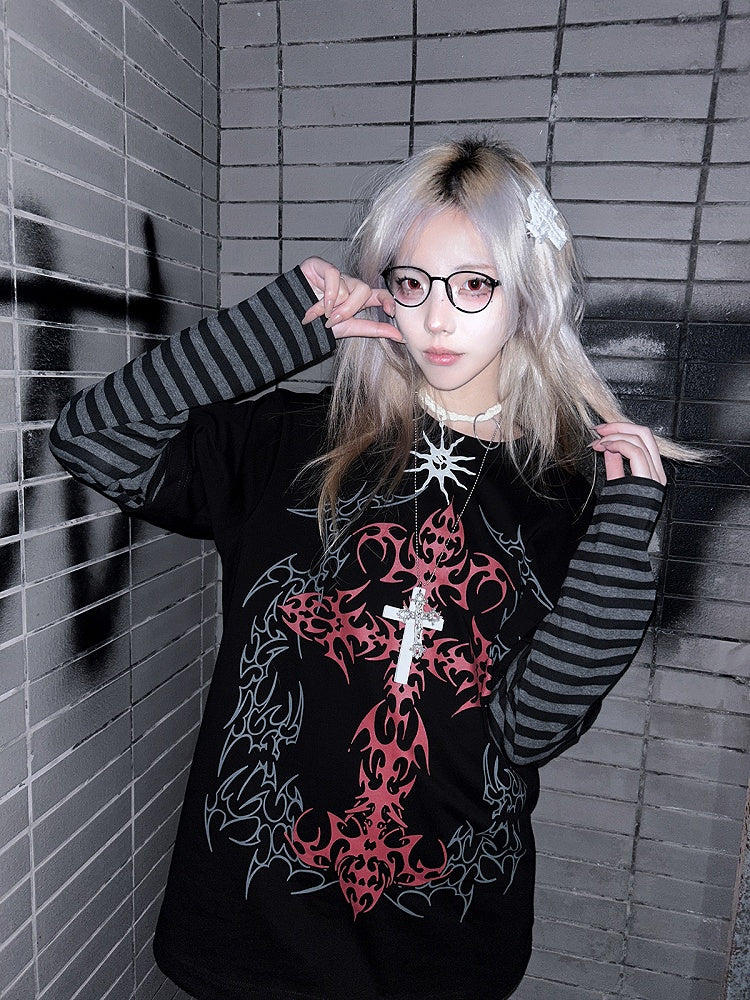Black Print Top in Faux Two-Piece Cross Blood Striped Design with Sleeves Gothic