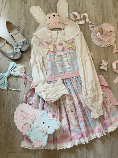 Overall Bear Dress Print Blue Teddy Lolita Sweet