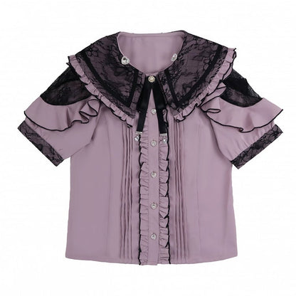 Black Lace Double Kei Cutouts Bow Blouse Collar Jirai Style and Shoulder Purple