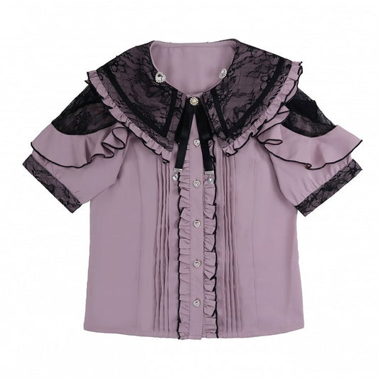 Black Lace Double Kei Cutouts Bow Blouse Collar Jirai Style and Shoulder Purple