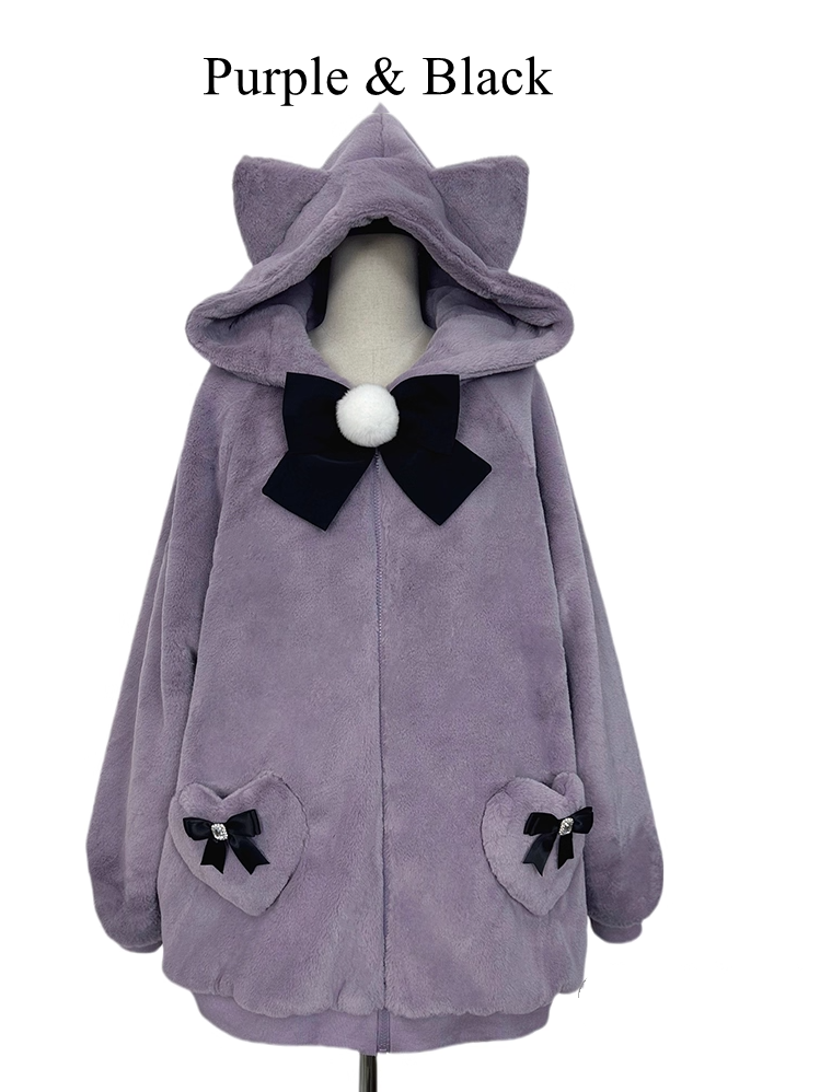 12 Kitty-Ear Jacket Bows Detachable Hooded with Pompom Jirai Available Colors Plush Kei