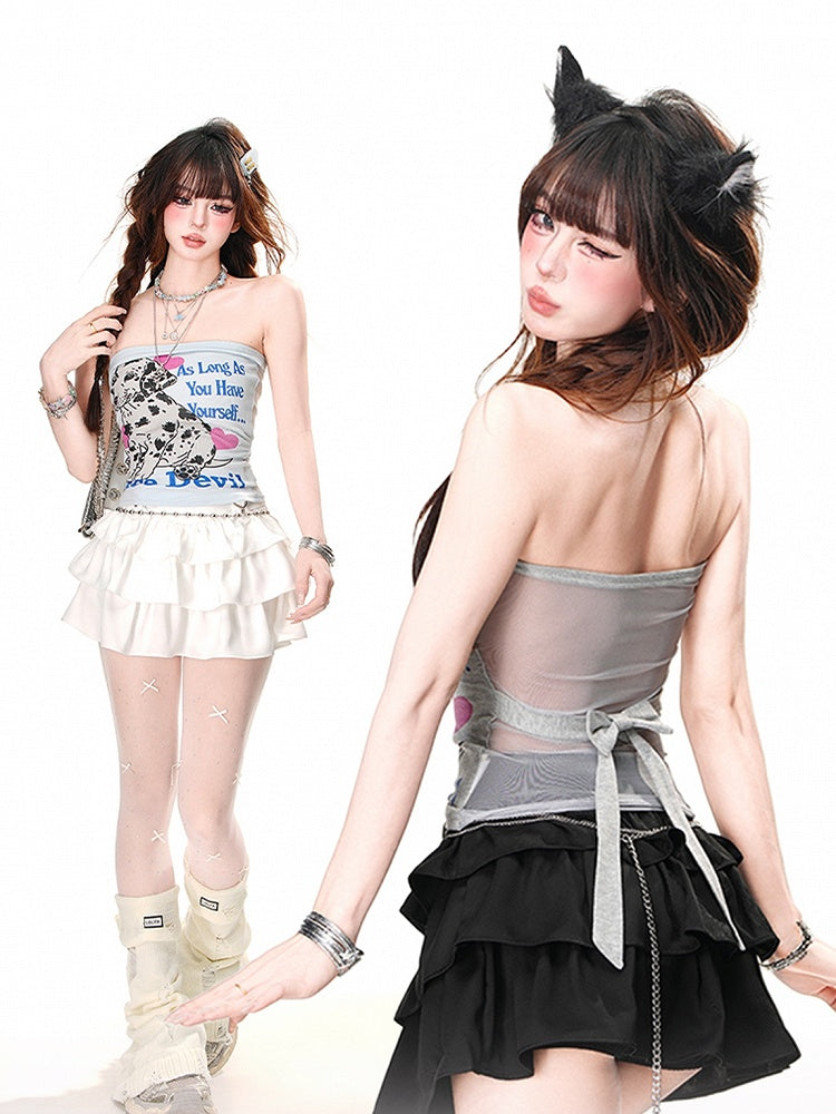 Glamouröses trägerloses Top mit gepunktetem Hundedruck und Patchwork-Design auf der Rückseite in Grau/Blau