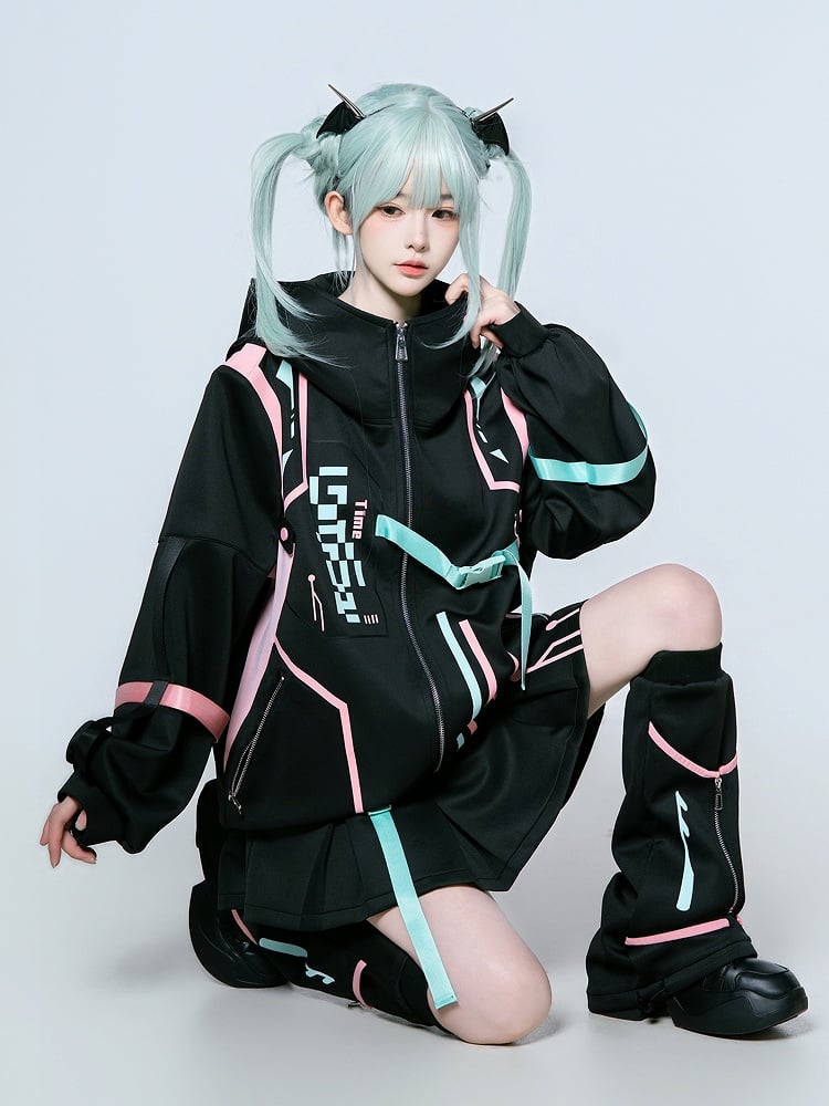 Set Gradient Pink Green Cyberpunk Coord | Gamer Jacket Hooded Girl