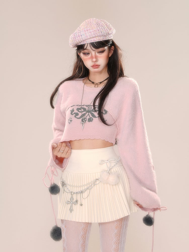 ピンクアプリコットの蝶結びクロップドトップス（シュラッグ付き）