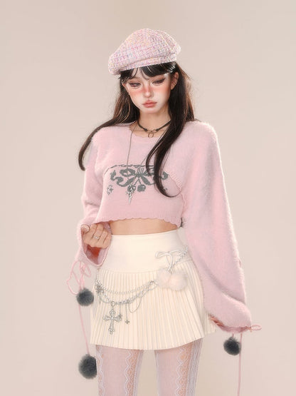 ピンクアプリコットの蝶結びクロップドトップス（シュラッグ付き）