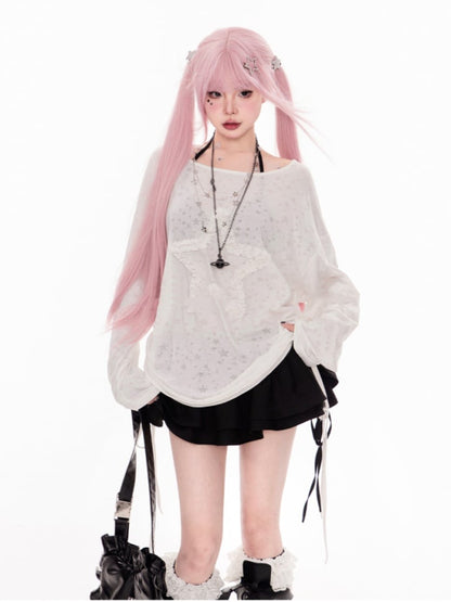 ホワイトのアシンメトリーネックライン、フリル付きスタードローストリングサイドカバーアップ