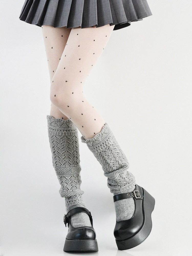 White Polka-dot Pattern Tights + Gray Calf Socks Set
