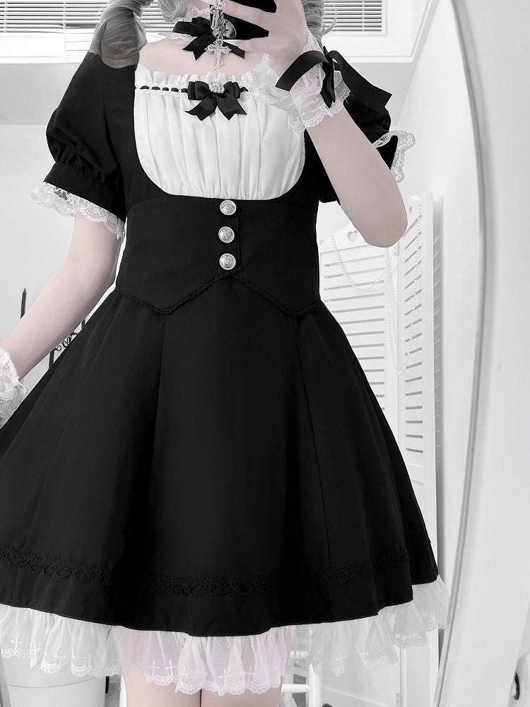 Puff-Design, weiße Ärmel, voller Jirai-Besatz, schwarzes Korsett, Kei-Kleid, Spitzengürtel-Set und