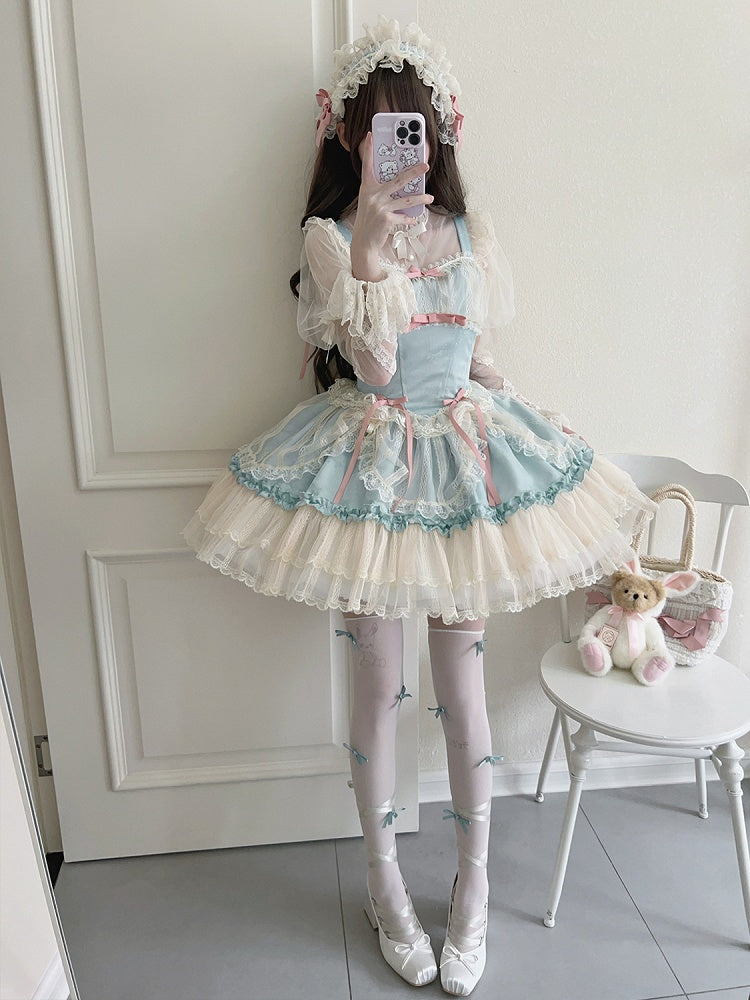 Short Small Fabric Balletcore Skirt Green Bows Lolita Jumper Dress