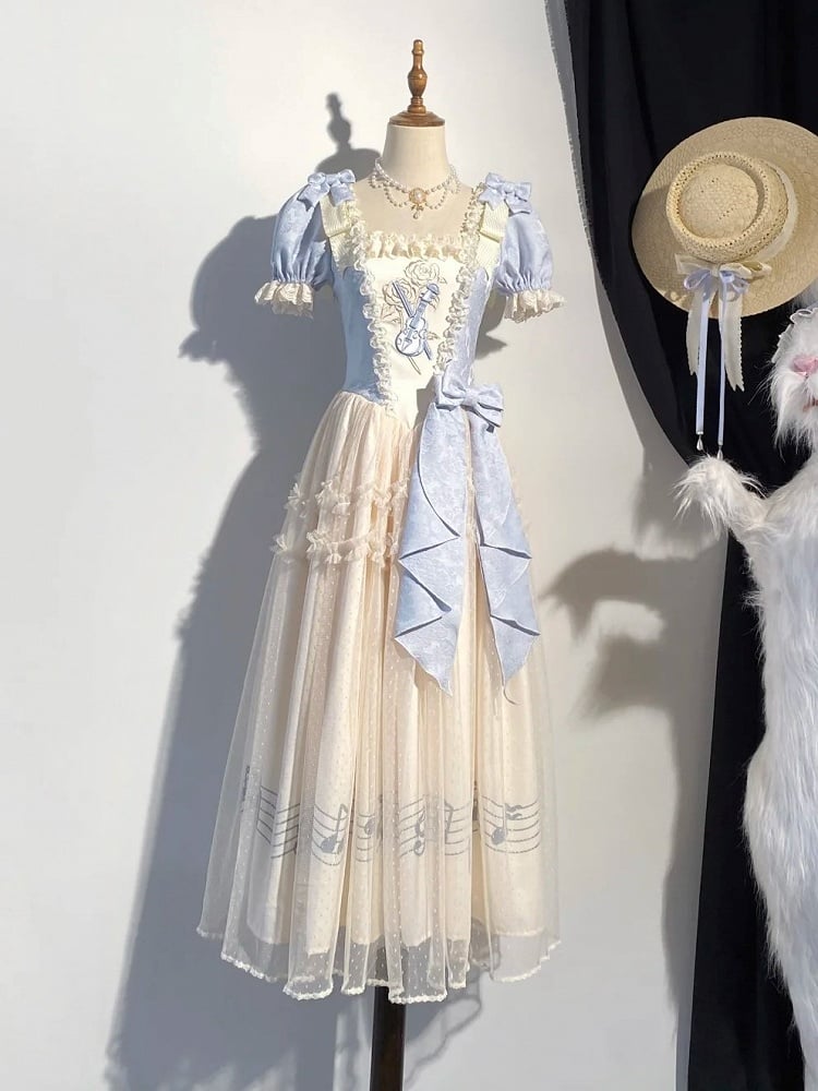 Dress Blue Version Print Lolita Elegant Note Beige Lace Violin Classic with Embroidery Long Musical