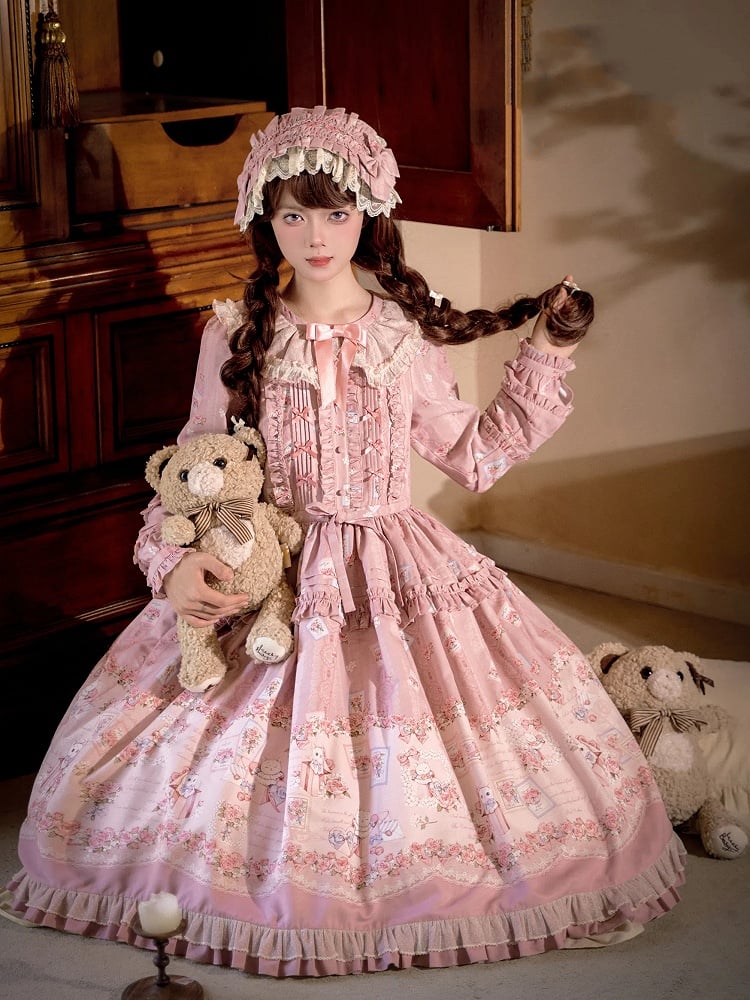 Pink Floral and Kitty Spring Long Sleeves Pink House Style Sweet Lolita Dress