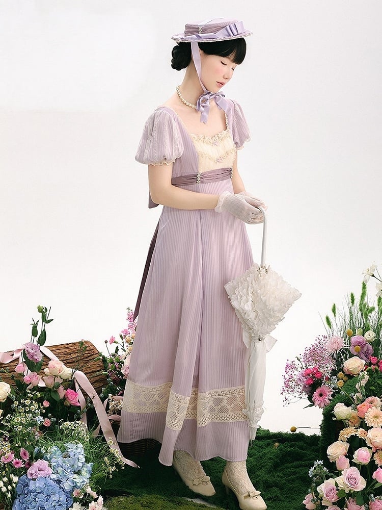 Elegant Purple High-Waisted Empire Lolita OP Gown with Lace Accents - KOMOMO
