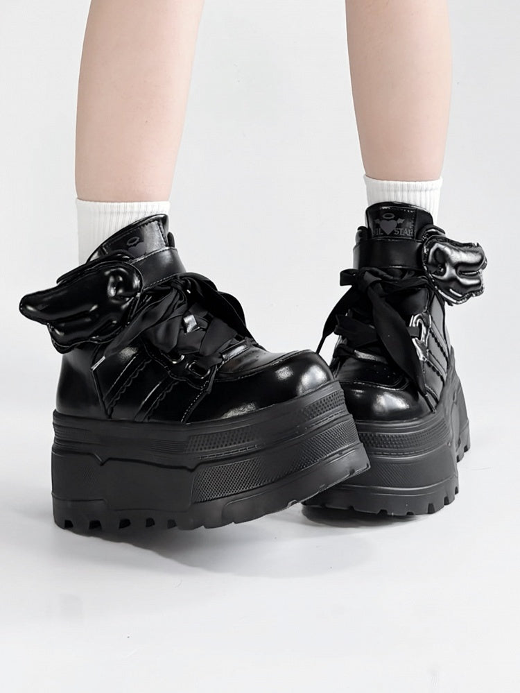 And Lace-up Black Strap Closures Velcro Wings Decor Gothic Detachable - Platforms