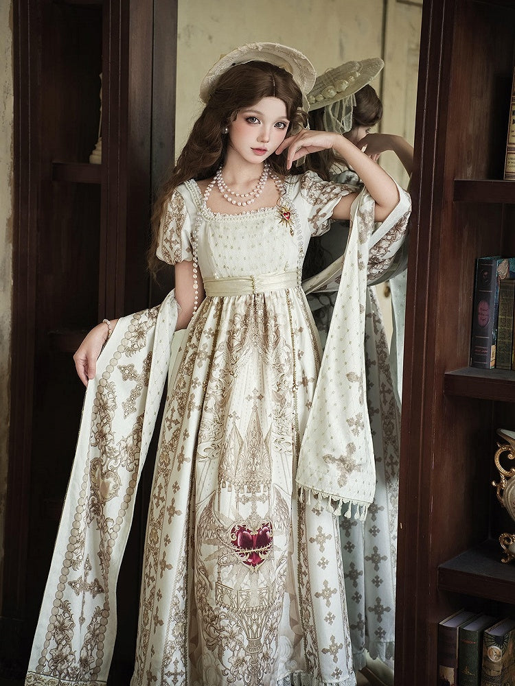 Gold Cross Pattern Gothic Lolita Empire Dress Set - Unknown Star