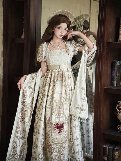 Gold Cross Pattern Gothic Lolita Empire Dress Set - Unknown Star