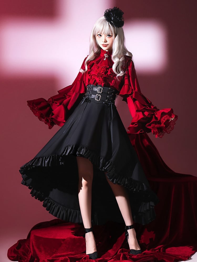 Vampire Sleeves Wine Ouji Long Lolita Shirt Red Neckline Ruffle
