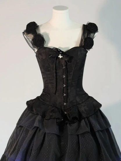 Lolita Corset Accents with Top Jacquard Rose Shoulder Black