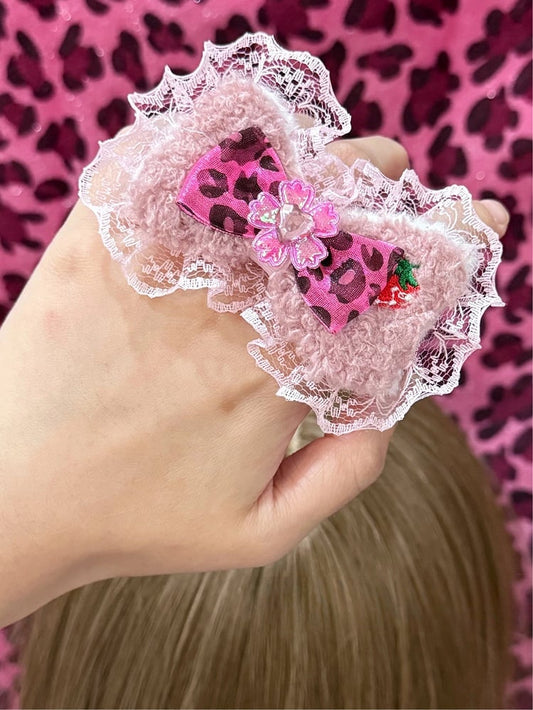 Ring Strawberry Hime - Print with Leopard Decor Bow Lace Gyaru Fluffy Pink Texture Sweet