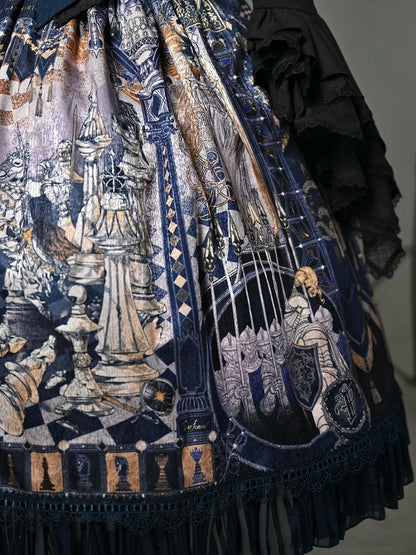 Dark Blue Corset Belt Waist Chess Print Lolita Skirt