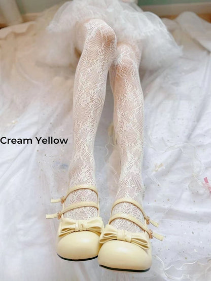 ホワイト/クリーミーイエロー/ブラックフローラルフィッシュネットタイツ