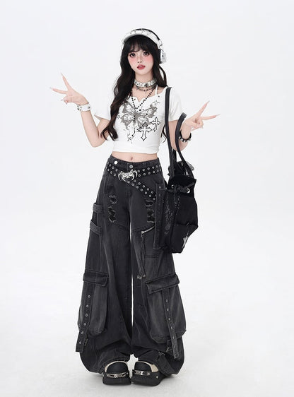 Schwarze Distressed Holes Low Jeans mit weitem Bein und Cargohose