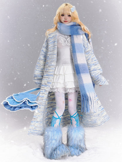 Blue and White Tie Dye Stripes Long Hooded Cardigan