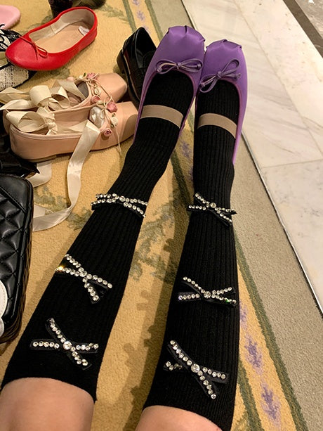Black/Milk White Rhinestone Bowknot Calf Socks