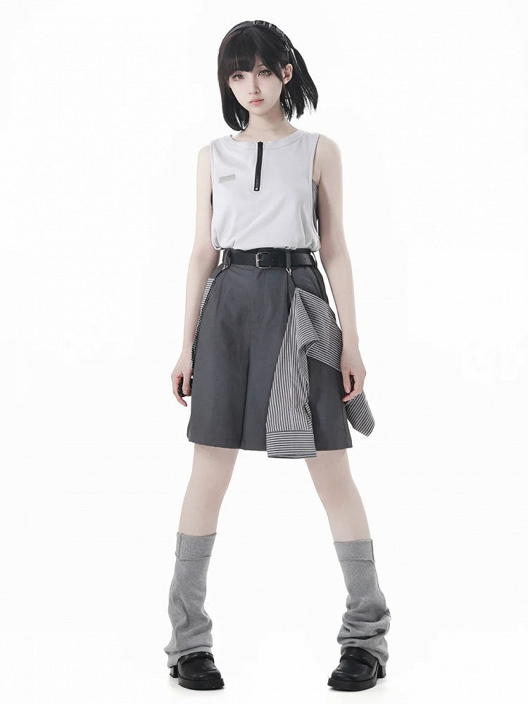 and Accessory Buckle Belt Shorts with Striped Gray Casual