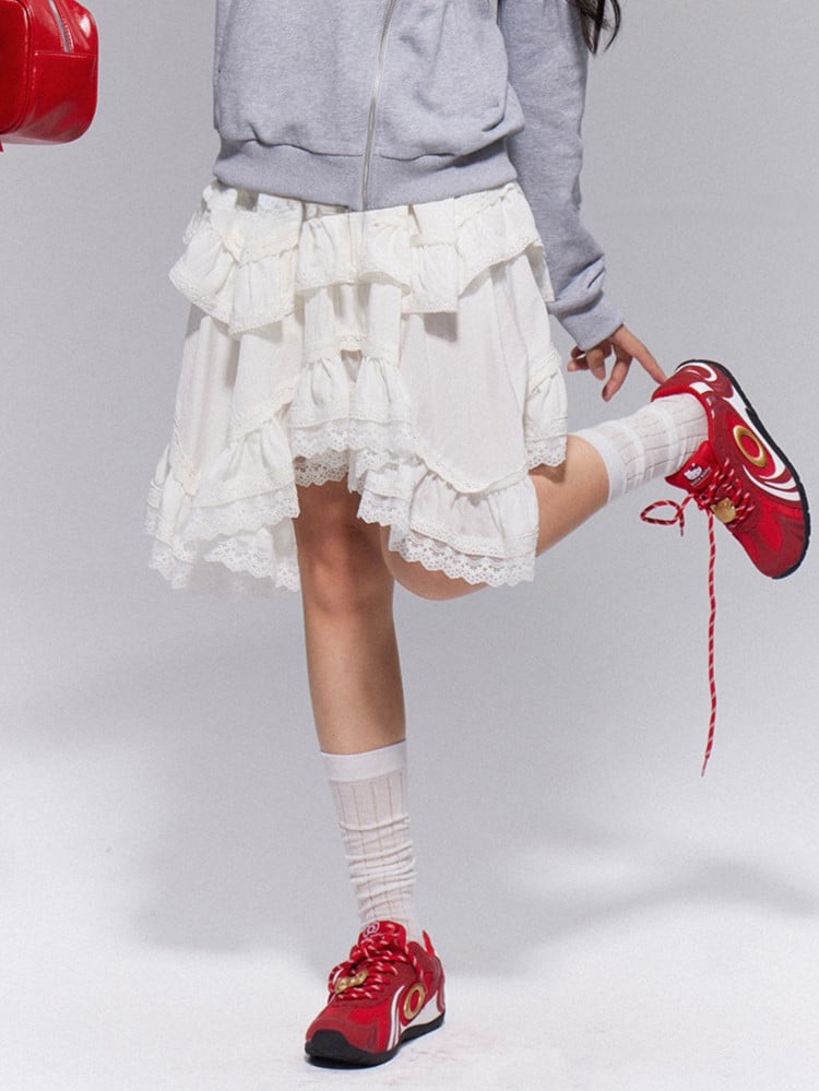 Waist Elastic  with Gothic Trim Lace Skirt Tiered White