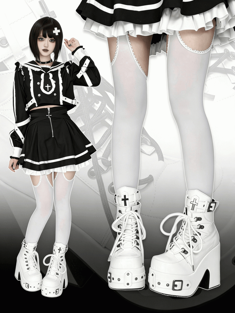 White Gothic Platform 12CM High Heel Boots with Buckle & Spiderweb Design - Transfer Student
